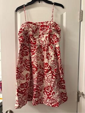 Express Red and White Printed Strapless Dress